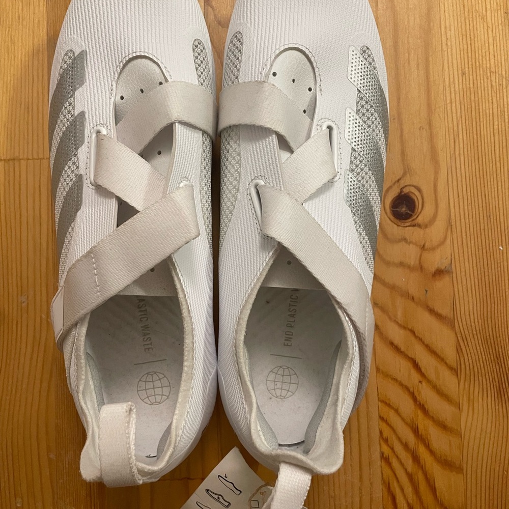 White and silver indoor cycling shoes